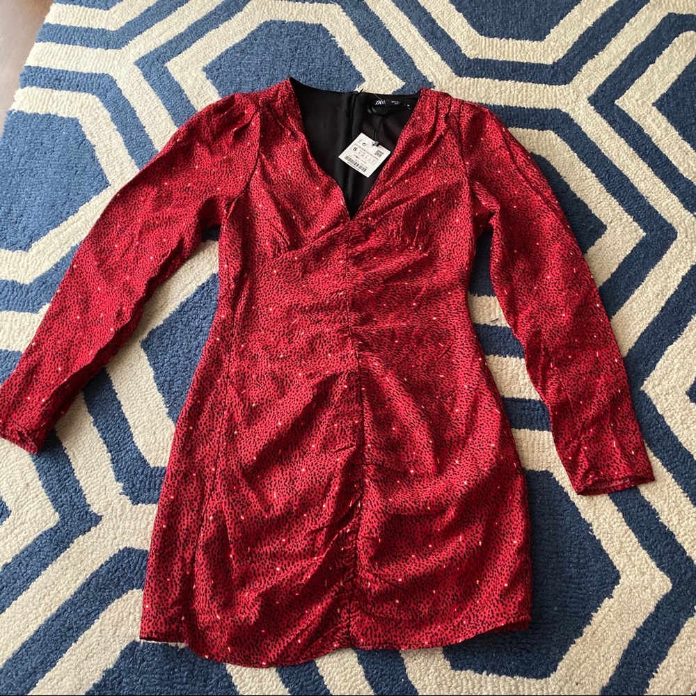 ❤️ ZARA RED BLACK ANIMAL PRINT LONG SLEEVE FIT & FLARE MINI DRESS! - Picture 11 of 11